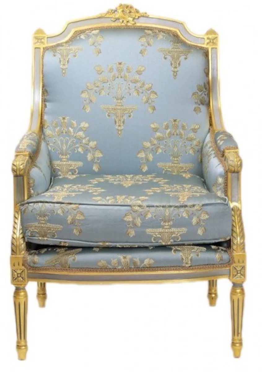 Baroque Lounge Throne Chair Empire Blue-Grey Gold Pattern / Gold - Ear Armchair - Wing Chair Tron Chair