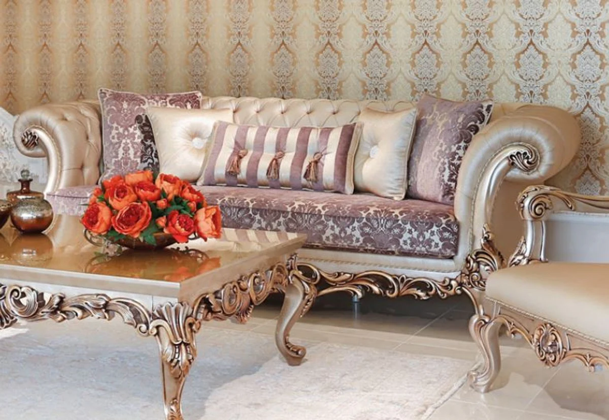 Luxury baroque living room set purple / cream / beige / copper - 2 sofas & 2 armchairs & 1 coffee table with glass top - living room furniture in baroque style - noble and magnificent