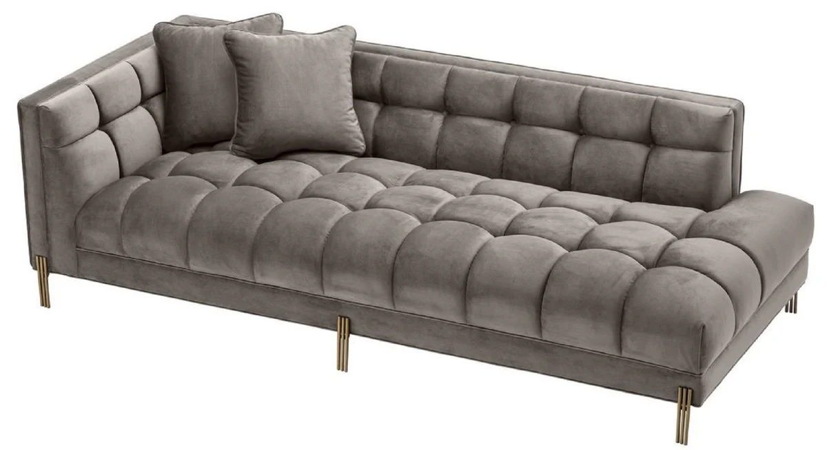 Luxury lounge sofa gray - greige / brass colored 223 x 95 x H. 68 cm - left-side living room sofa with elegant velvet fabric and 2 cushions