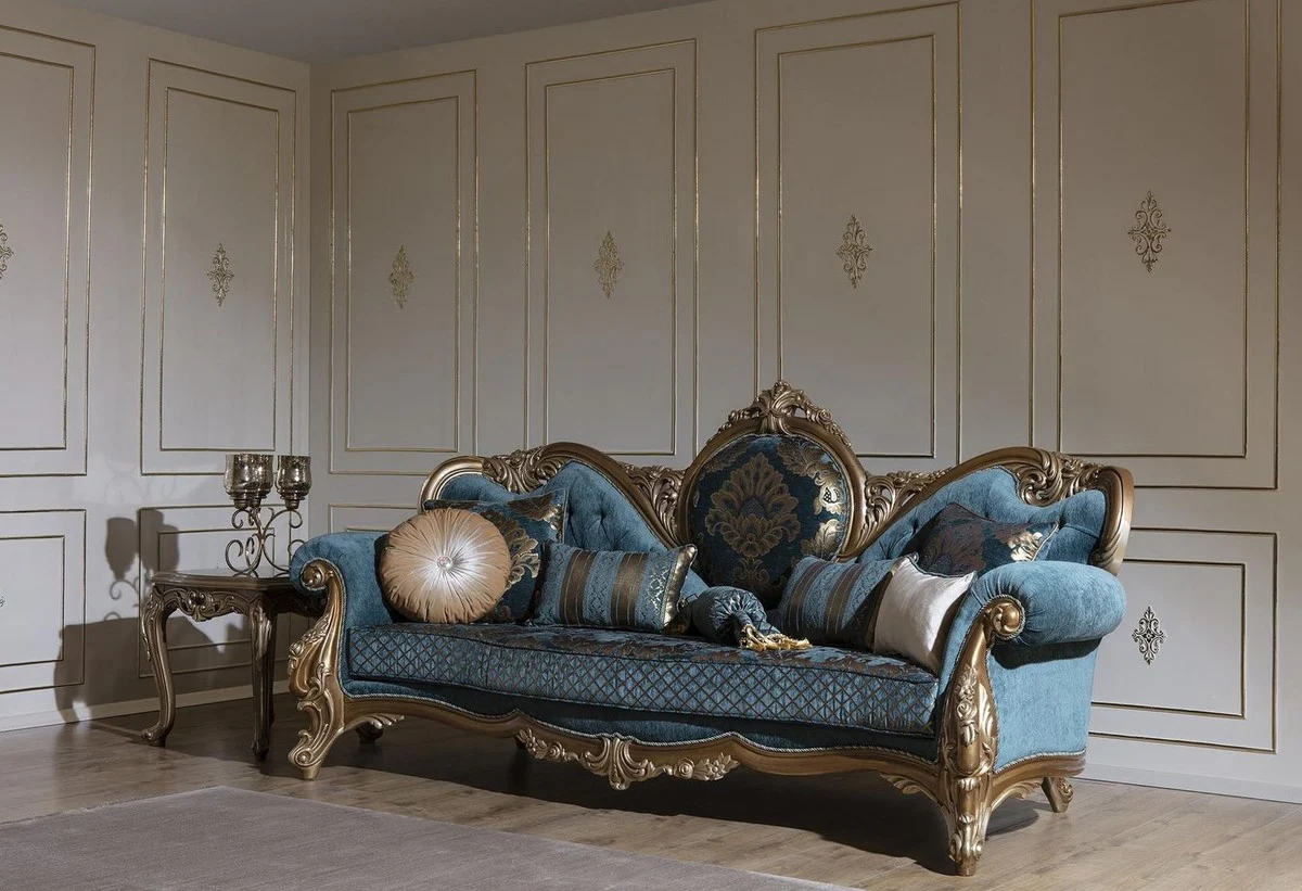 Luxury Baroque sofa blue / gold 260 x 90 x H. 125 cm - Magnificent living room sofa with elegant pattern and decorative pillows - Baroque furniture