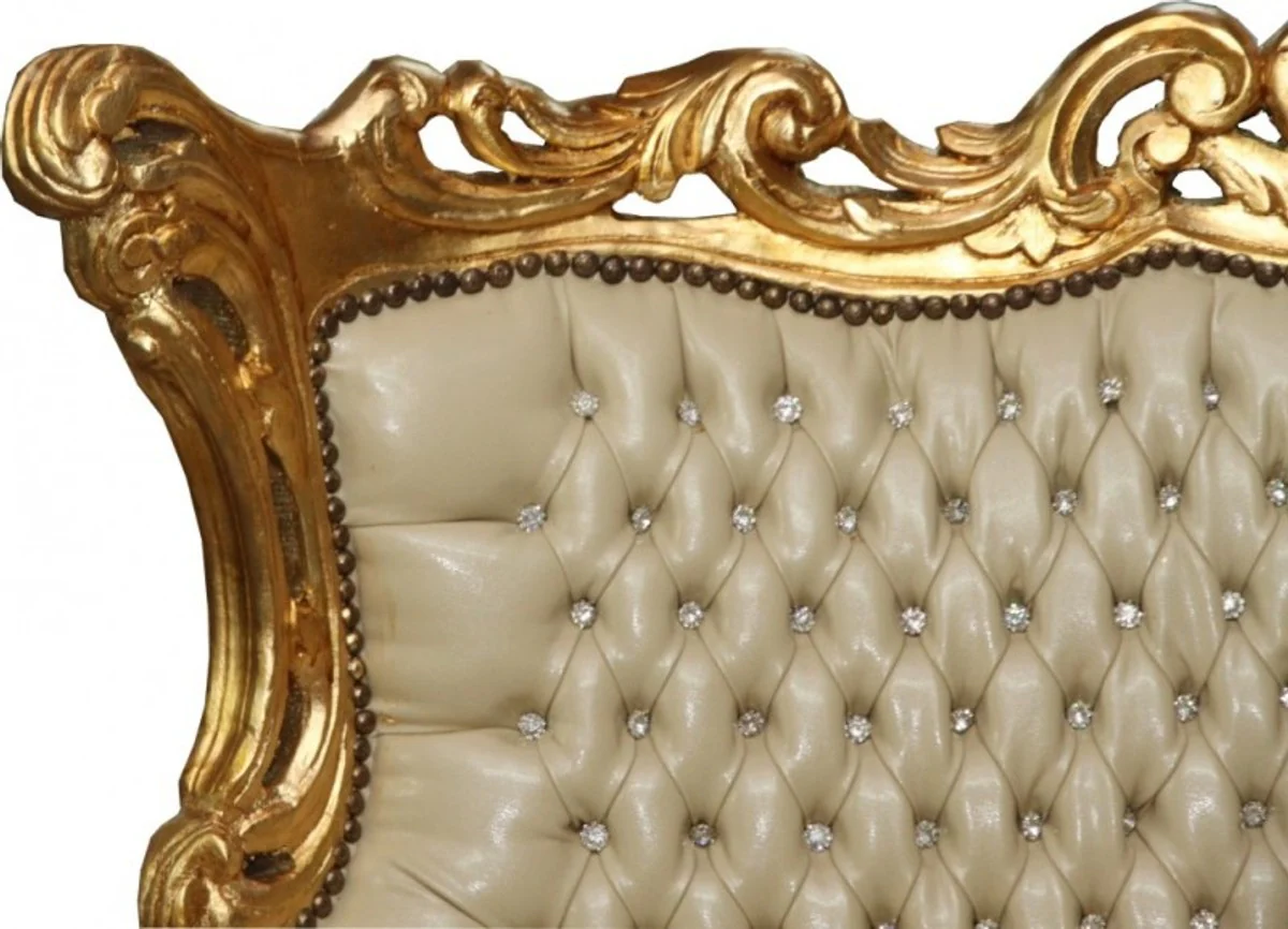 Baroque 3 seater sofa Master cream leather look / gold with bling bling rhinestones - antique style furniture