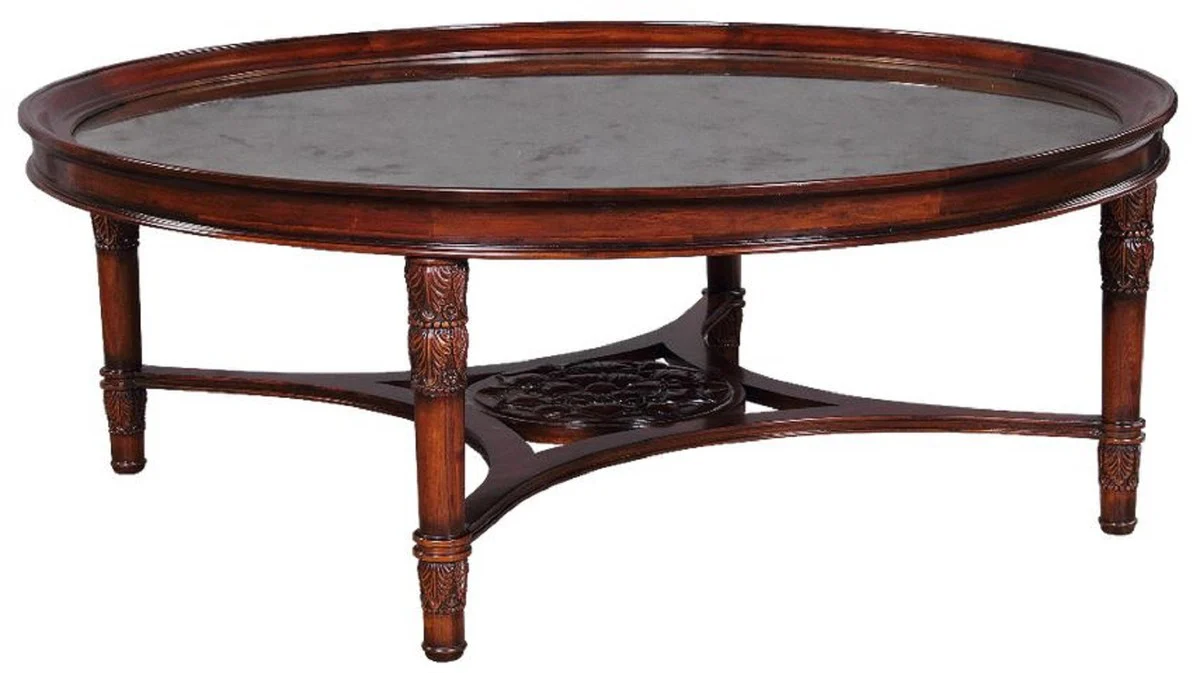 Luxury baroque coffee table dark brown Ø 130 x H. 48 cm - Round mahogany living room table with eglomised mirror glass - Living room furniture in the baroque style
