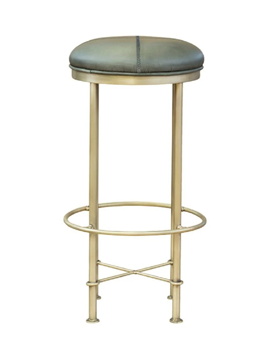 Luxury real leather bar stool green / antique brass H. 75 cm - bar furniture