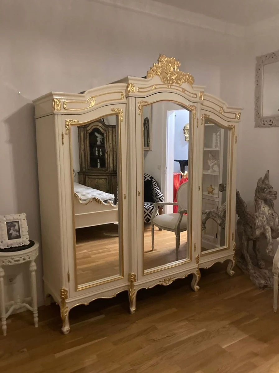 Baroque bedroom wardrobe with 3 mirrored doors cream / gold - Mirrored solid wood wardrobe - Bedroom furniture in the baroque style - Baroque furniture - Noble & magnificent