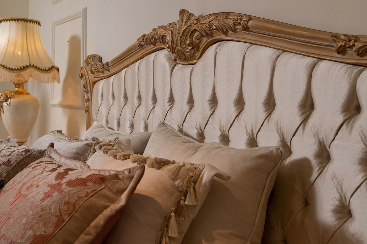 Luxury baroque double bed cream / gold - noble solid wood bed with headboard - magnificent bedroom furniture in the baroque style