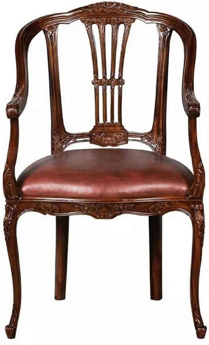 Luxury Baroque Leather Dining Room Chair Set of 8 with Armrests Brown - Magnificent Baroque Style Real Leather Kitchen Chairs - Luxury Baroque Dining Room Furniture - Noble & Magnificent