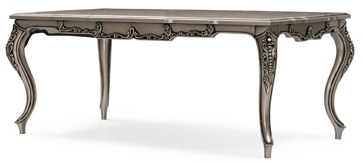 Luxury Baroque Dining Room Set Gray / Silver - 1 Baroque Dining Table & 6 Baroque Dining Chairs - Luxury Dining Room Furniture in Baroque Style - Magnificent Baroque Dining Room Furniture