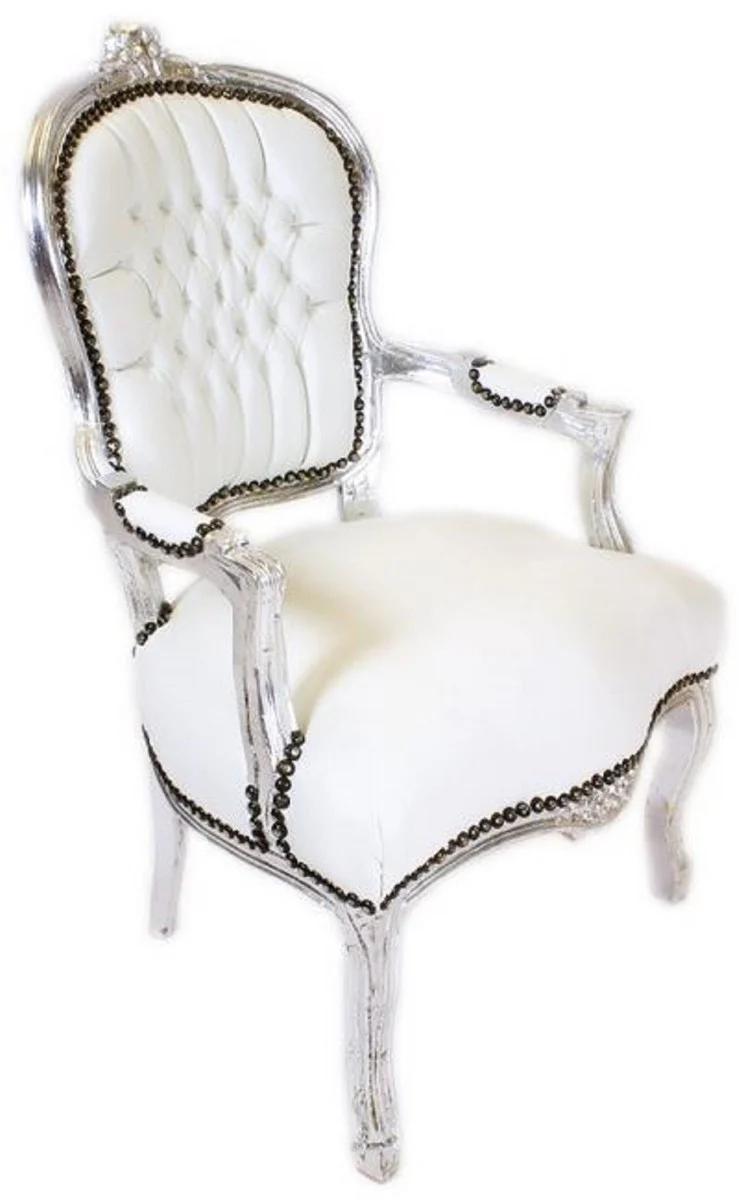 Baroque Salon Chair White / Silver - Handcrafted antique style chair with fine faux leather - Baroque style furniture - Baroque furniture - Baroque furnishings