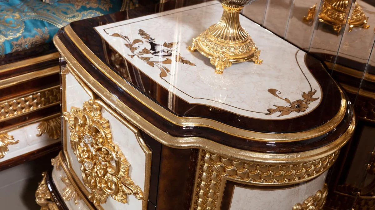 Luxury Baroque Nightstand Set White / Brown / Gold - Magnificent Solid Wood Bedside Tables - Baroque Bedroom Furniture - Noble & Magnificent