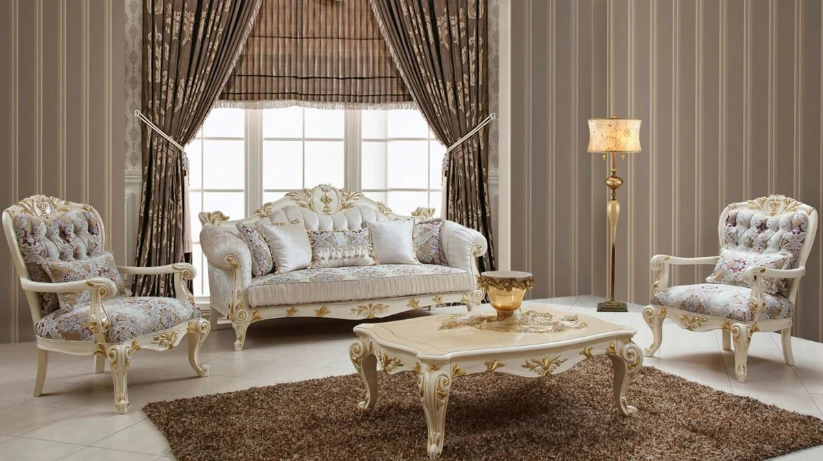 Luxury baroque sofa white / multicolored / cream / gold - magnificent living room sofa with elegant pattern - baroque style living room furniture - luxury furniture in baroque style - baroque furnishings