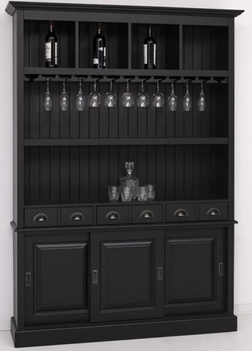 Country house style solid wood bar cabinet black 151 x 36 x H. 210 cm - Solid wood wine cabinet in country house style - Solid wood bar furniture - Country house style bar furniture