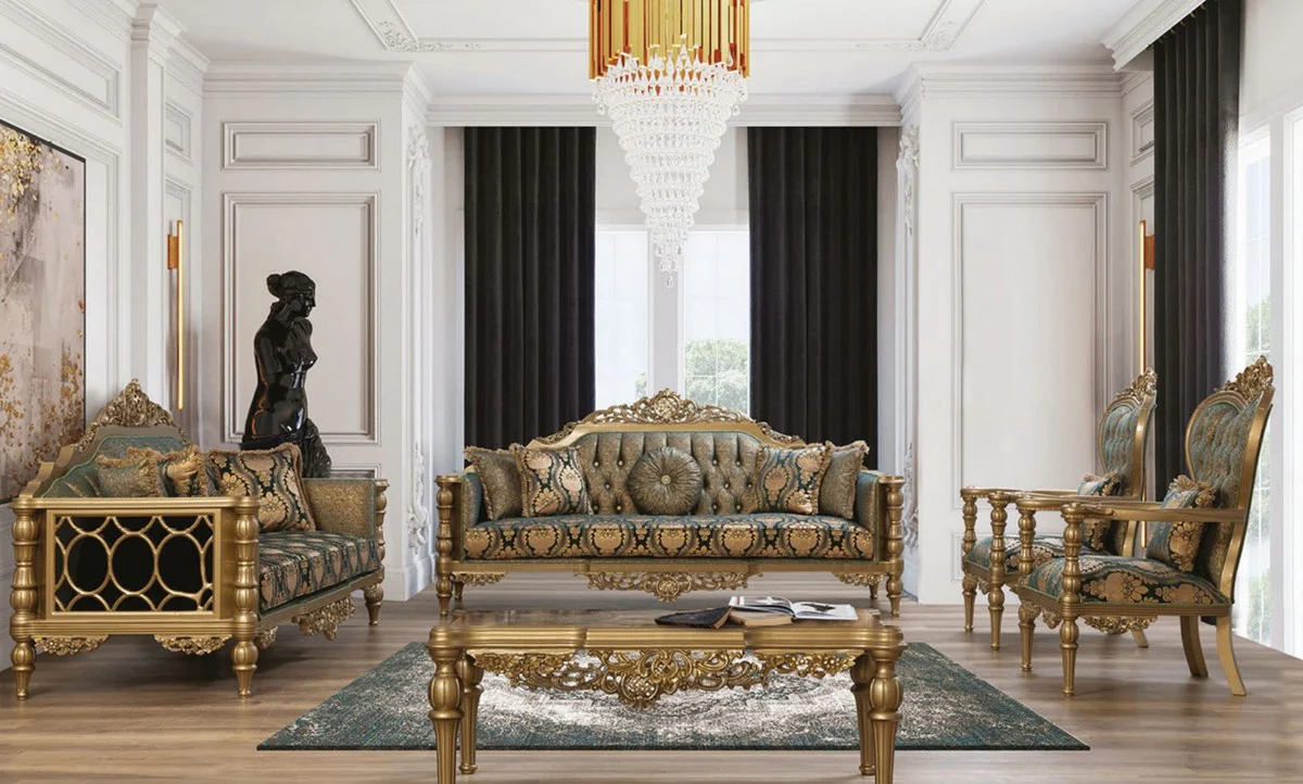 Luxury Baroque Sofa Green / Gold - Magnificent living room sofa with elegant pattern and decorative pillows - Baroque living room furniture