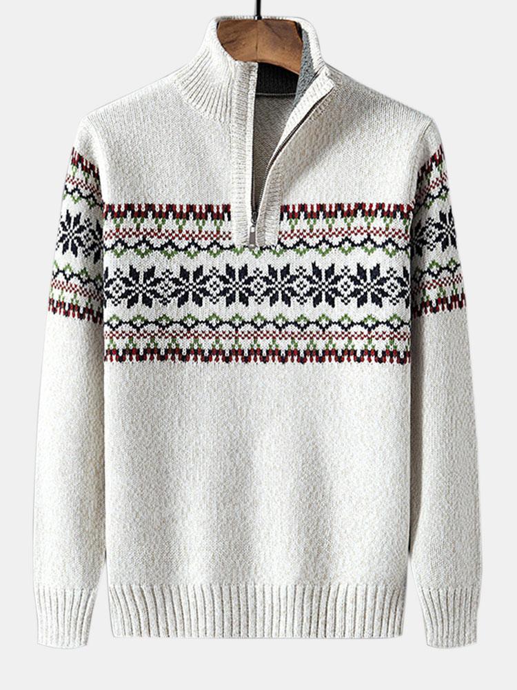 Christmas Geometric Print Half Zip Sweater