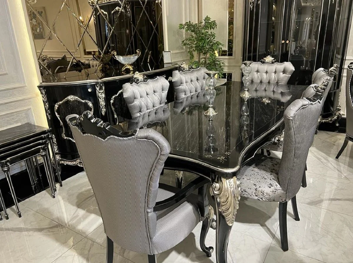 Luxury Baroque Dining Room Set Silver / Black / Silver - 1 Dining Table & 6 Dining Chairs - Baroque Dining Room Furniture - Noble & Magnificent