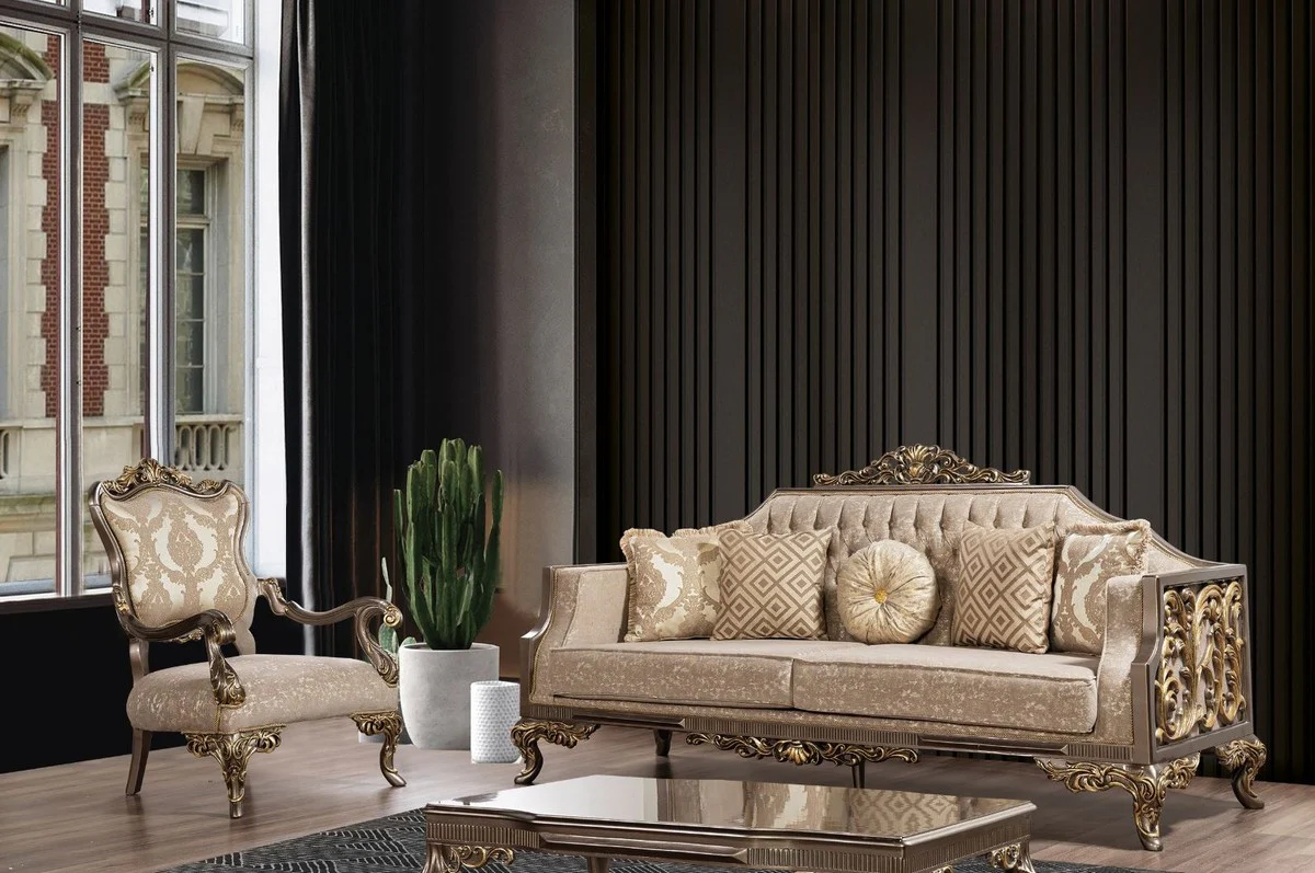 Luxury Baroque Sofa Gray / Beige / Silver / Gold - Magnificent Living Room Sofa with Pattern - Baroque Living Room Furniture - Noble & Magnificent