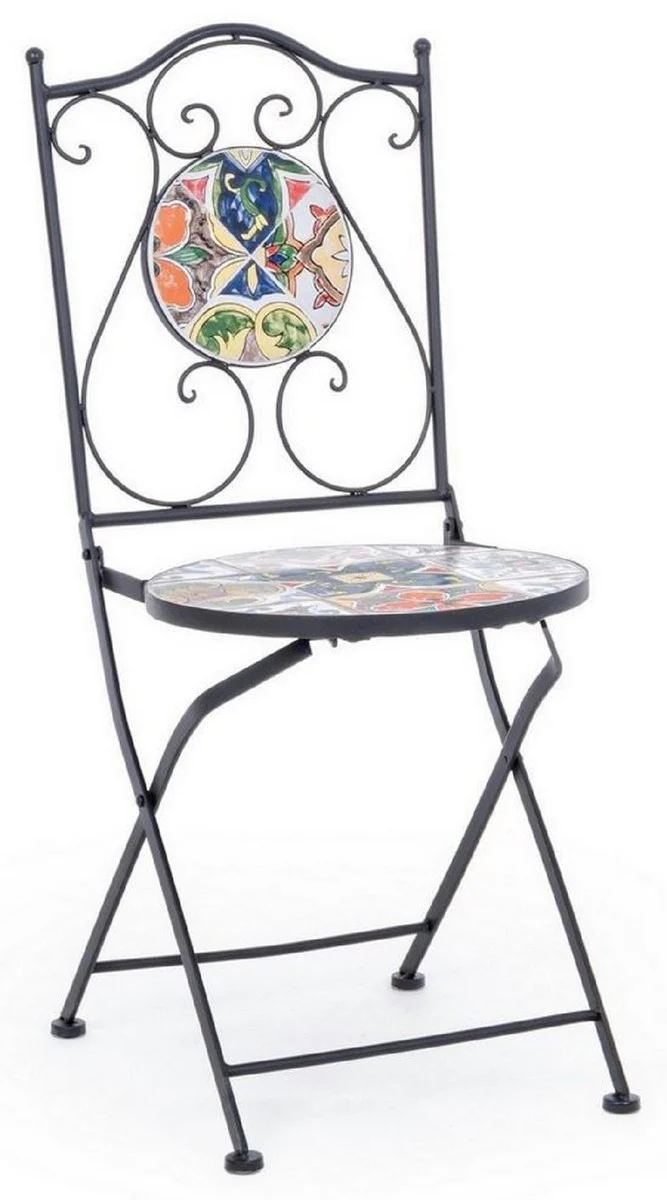 Art Nouveau garden chair set of 6 black / multicolored 39 x 47 x H. 92 cm - folding chairs with elegant ceramic plates - nostalgic garden and catering furniture