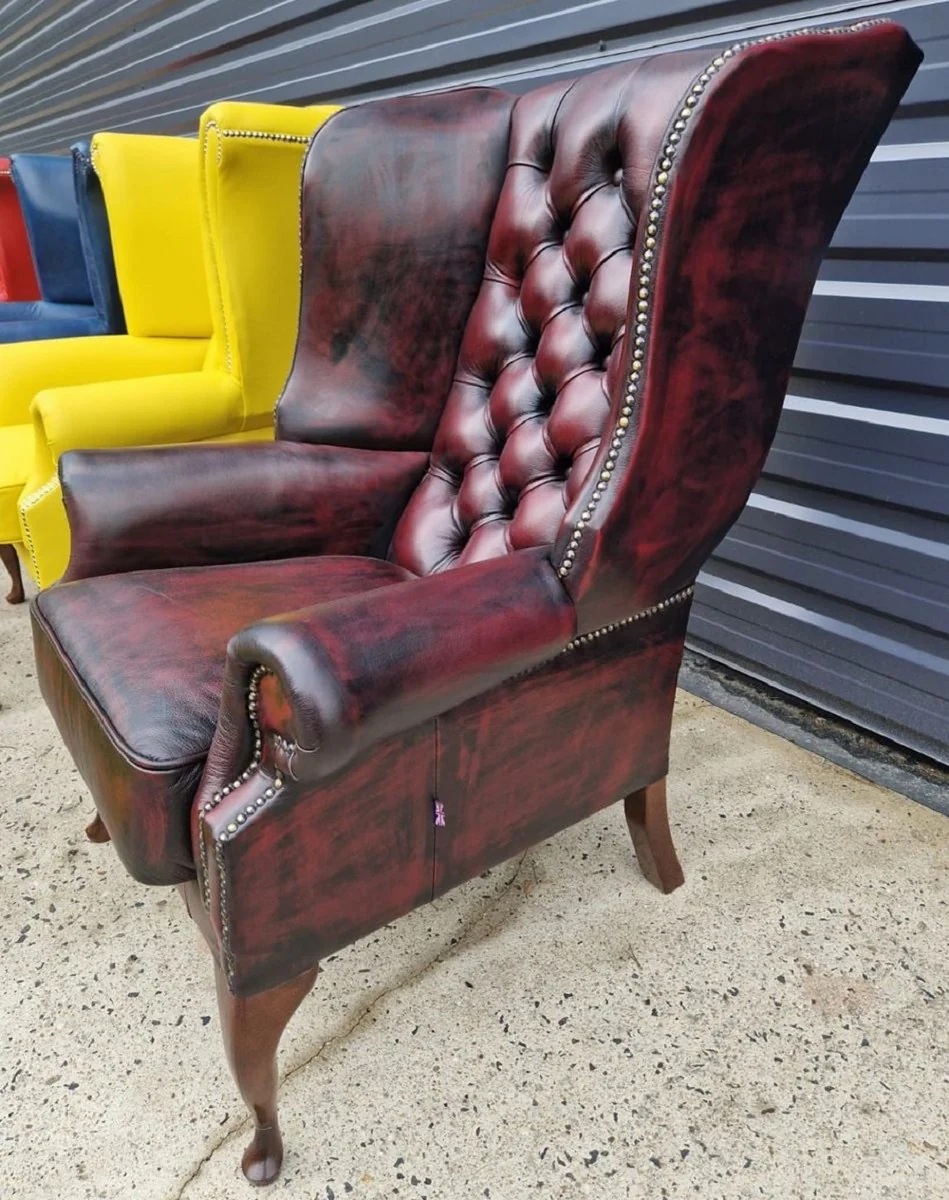 Luxury Chesterfield wing chair wine red / black / dark brown 80 x 80 x H. 110 cm - genuine leather Chesterfield living room armchair - living room furniture - Chesterfield furniture - luxury furniture