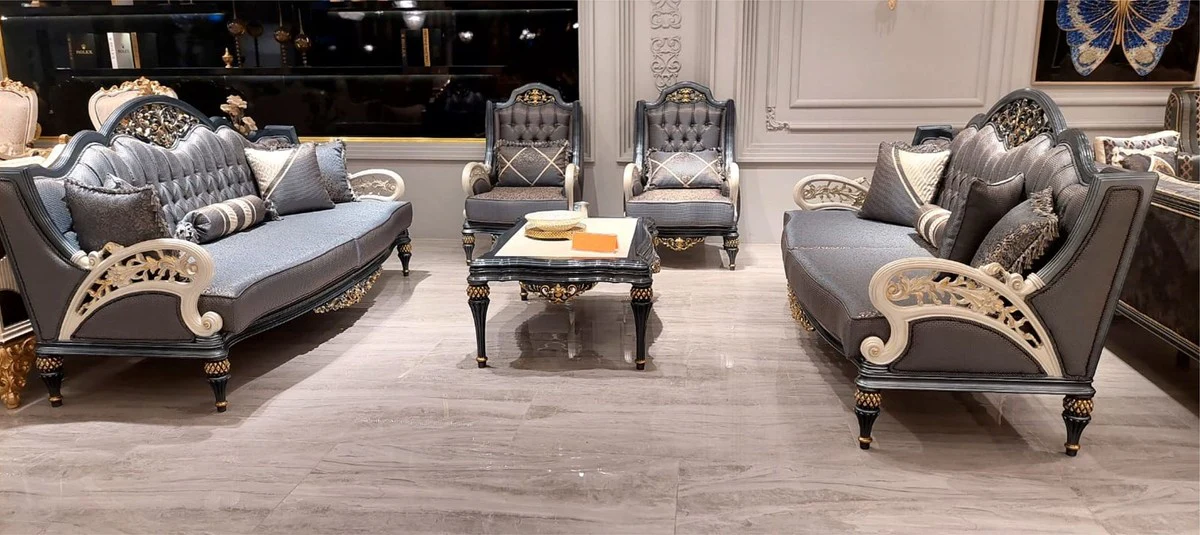 Luxury Baroque Living Room Sofa Gray / White / Gold 226 cm - Baroque Living Room Furniture