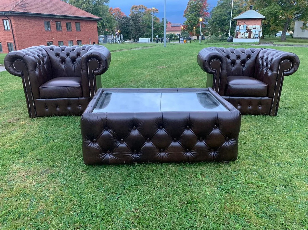 Luxury Chesterfield genuine leather coffee table with black glass top
