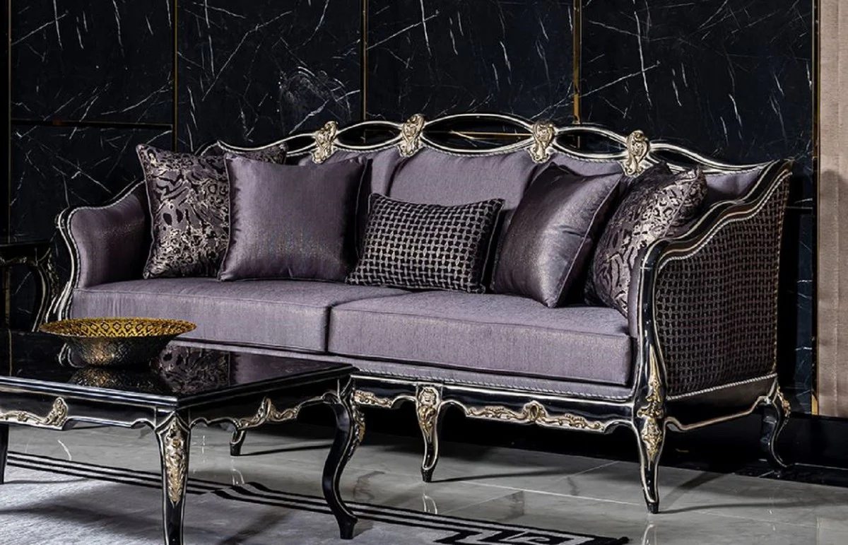 Luxury baroque living room set purple / black / gold - 2 sofas & 2 armchairs & 1 coffee table - magnificent living room furniture in baroque style