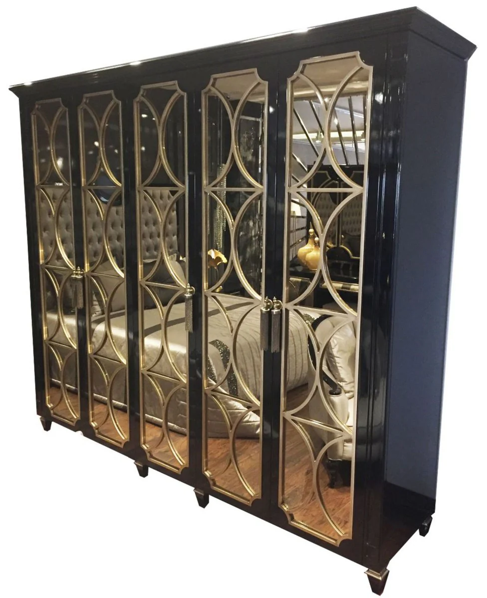 Luxury baroque bedroom wardrobe black / gold 260 x 63 x H. 240 cm - magnificent wardrobe with 5 mirrored doors - luxury quality