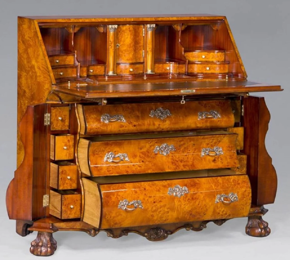 Luxury Art Nouveau writing chest with 18 drawers light brown / brown / green / silver - Magnificent solid wood chest of drawers - Luxury furniture in baroque style - Baroque office furniture - Noble & magnificent