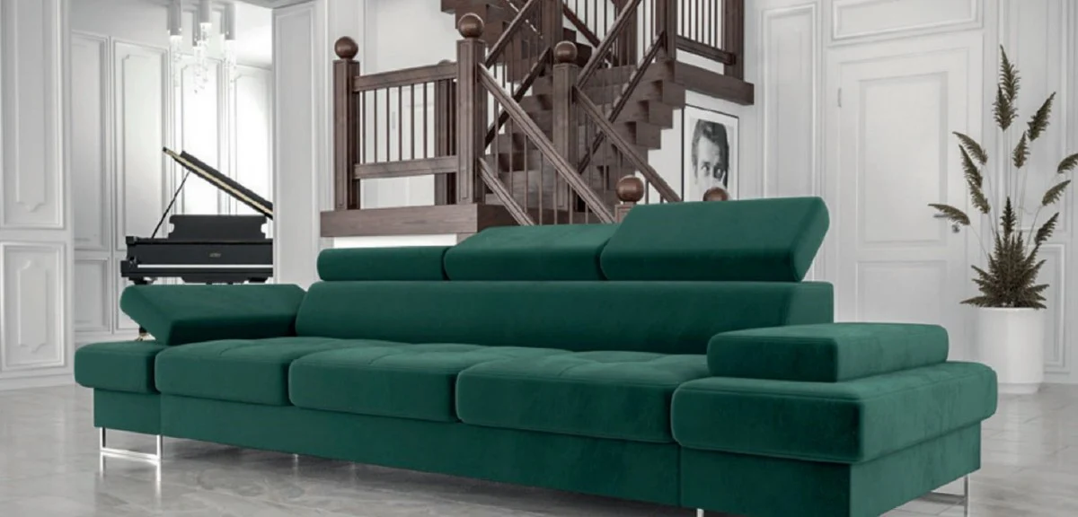 Luxury velvet sofa green / silver 305 x 97 x H. 74-95 cm - living room sofa with adjustable headrests - living room furniture - luxury furniture - luxury furnishings