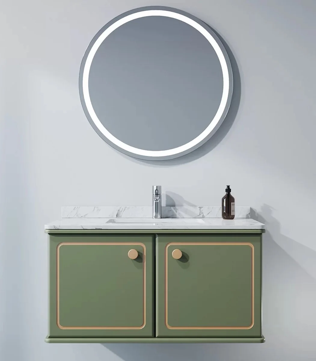 Luxury bathroom set green / gold with marble top - hotel bathroom interior