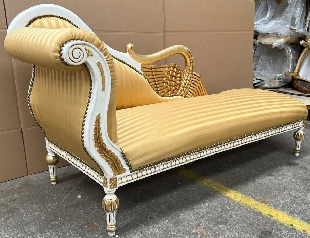 Baroque Chaise Longue Left Side Gold / White / Gold - Handmade Solid Wood Recamiere with Stripes - Baroque Living Room Furniture - Noble & Magnificent