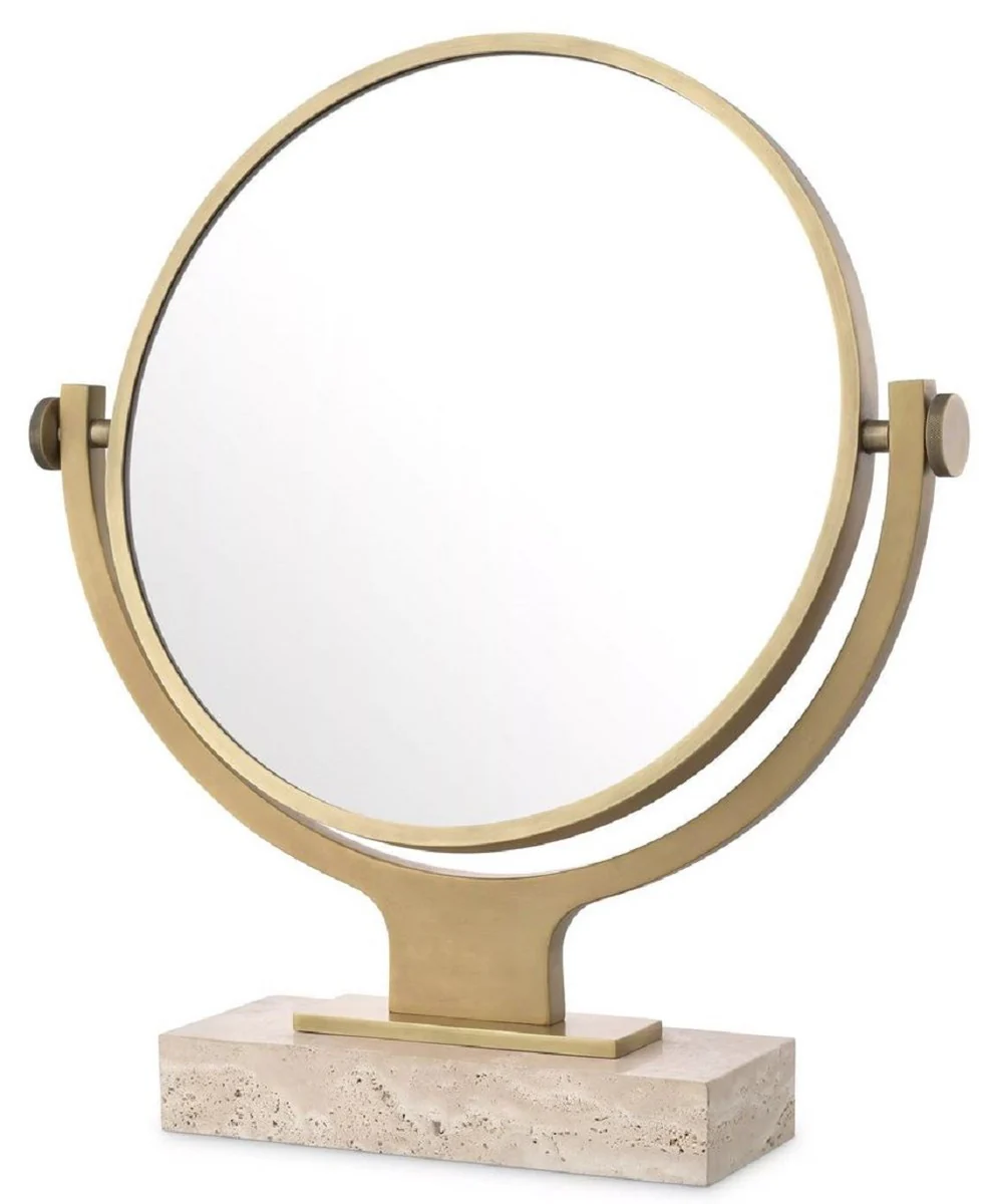Luxury cosmetic table mirror antique brass / beige 50.5 x 12 x H. 56 cm - Round adjustable bathroom make-up mirror with travertine base - Luxury bathroom accessories