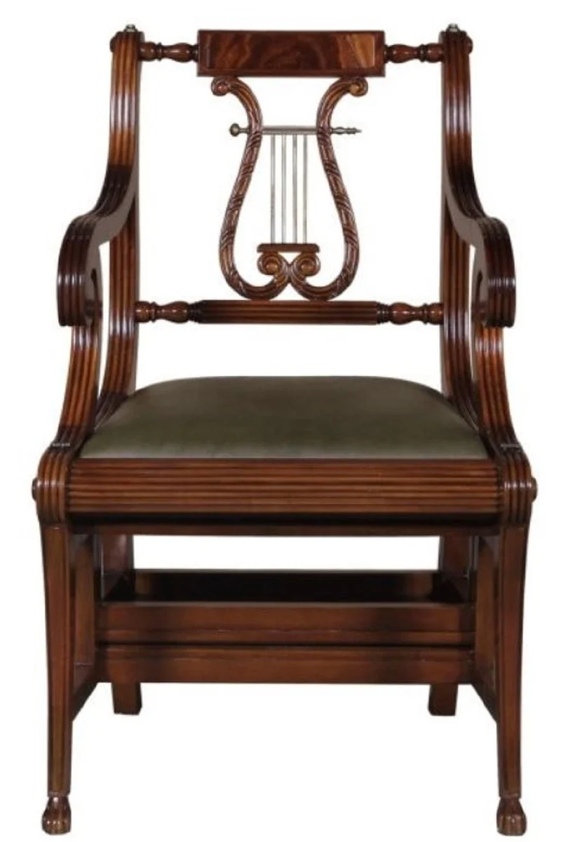 Baroque ladder chair with real leather dark brown / green 61.3 x 59.1 x H. 87.8 cm - mahogany chair with armrests - baroque furniture