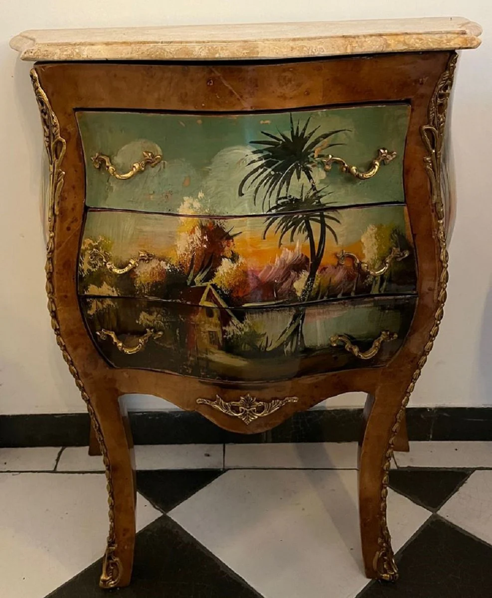 Baroque chest of drawers brown / multicolored / cream - handmade baroque style night dresser with marble top and 3 drawers - baroque furniture - bedroom furniture in baroque style