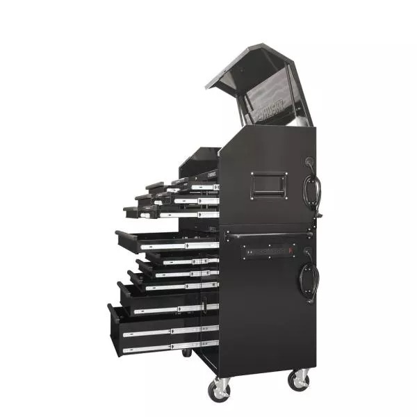 41 IN. W 12-DRAWER DEEP COMBINATION TOOL CHEST AND ROLLING CABINET SET IN GLOSS BLACK WITH SIDE TABLE