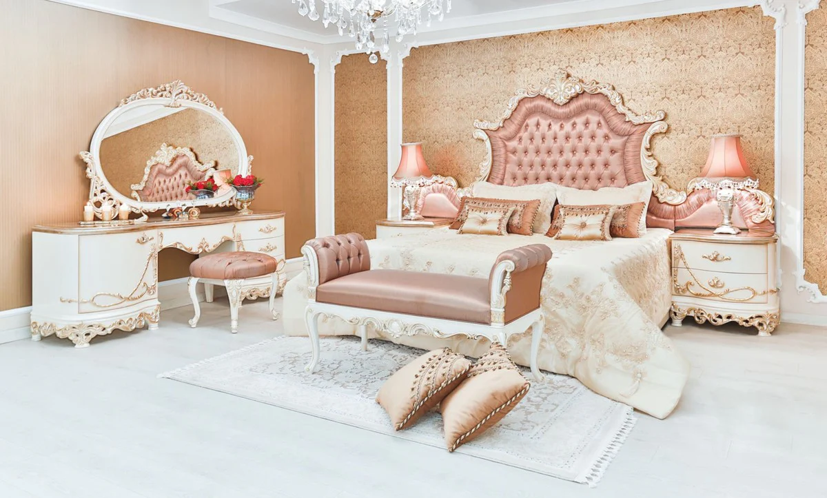 Luxury Baroque Bedroom Set Pink / White / Cream / Copper Colors - 1 Double Bed with Headboard & 2 Bedside Tables & 1 Bench - Baroque Bedroom Furniture - Noble & Magnificent