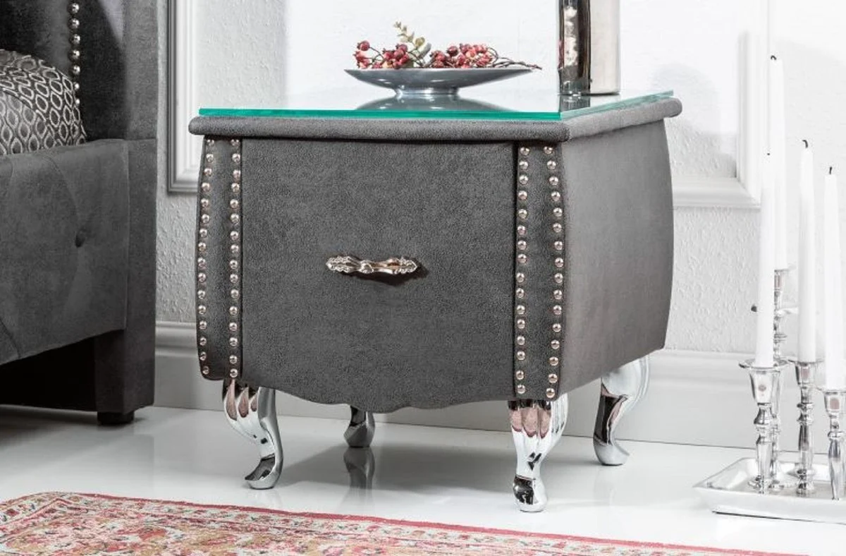 Art Deco bedside table with drawer and glass top antique gray / silver 47 x 41 x H. 45 cm - bedroom furniture