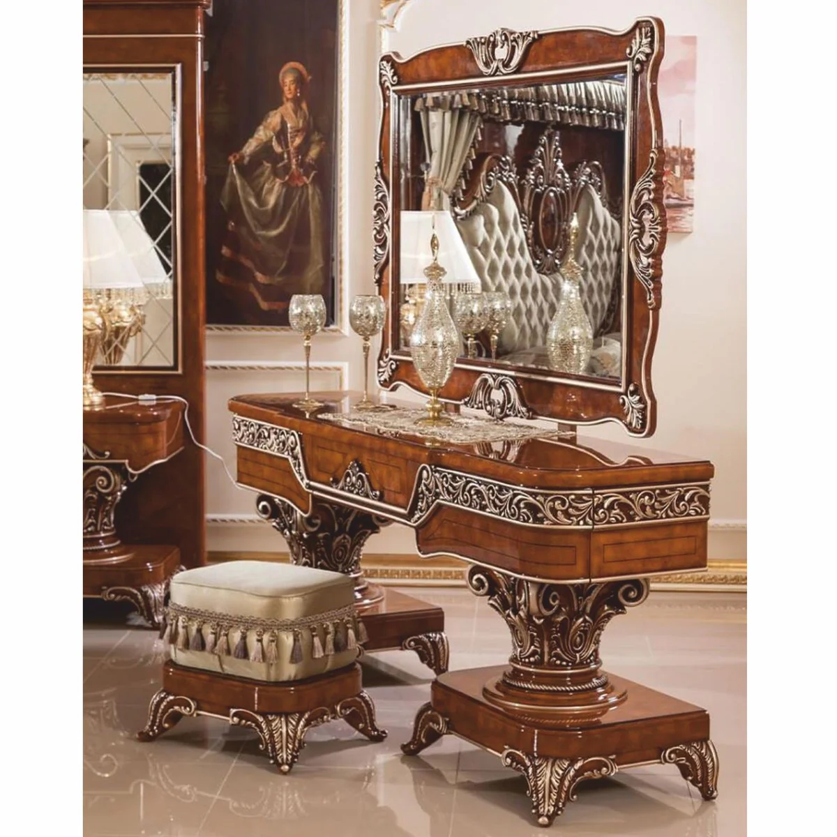 Luxury Baroque Dressing Table Set Brown / Bronze / Gold - Baroque Furniture