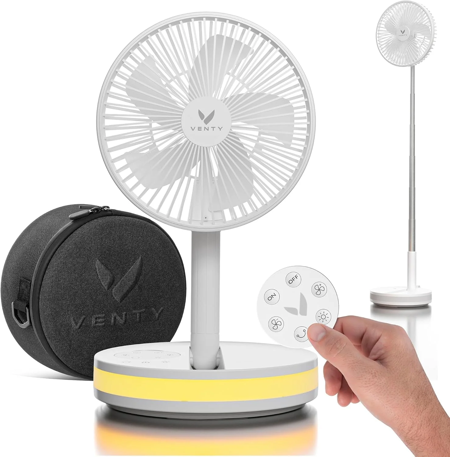 VENTY Portable Fan - Wireless Battery Operated Fan - 4 Speeds - LED Lighting - Carry Case & Remote Control - Cruise Travel - Outdoor Travel RV Power Bank With USB-C Port (Black with Case)