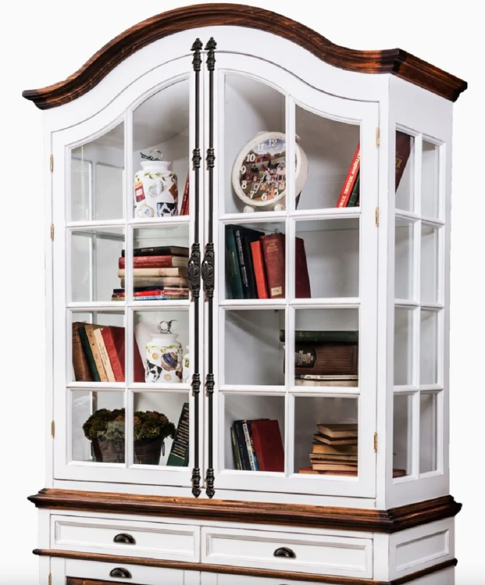 Luxury country house style cabinet antique white / brown 140 x 51.5 x H. 246.5 cm - country house style dining room cabinet with 4 doors and 2 drawers - country house style display cabinet - country house style dining room furniture