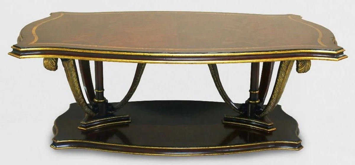 Luxury baroque coffee table brown / gold 130 x 90 x H. 44 cm - mahogany living room table with decorative hand-carved feathers - noble baroque style living room furniture