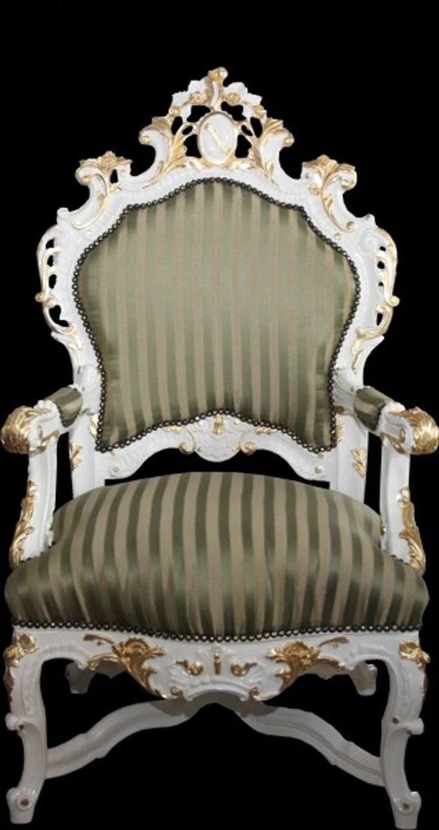Baroque luxury throne chair green/gold stripes/white/gold - unique - baroque furniture throne king chair - Limited Edition