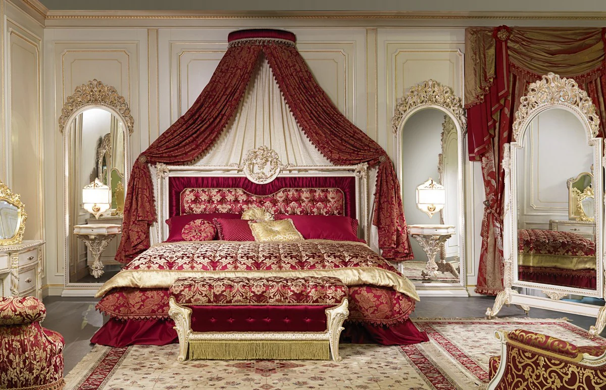 Luxury Baroque bedroom set Bordeaux red / white / gold - 1 double bed with headboard & 1 canopy & 1 bench - Baroque bedroom furniture - noble & magnificent