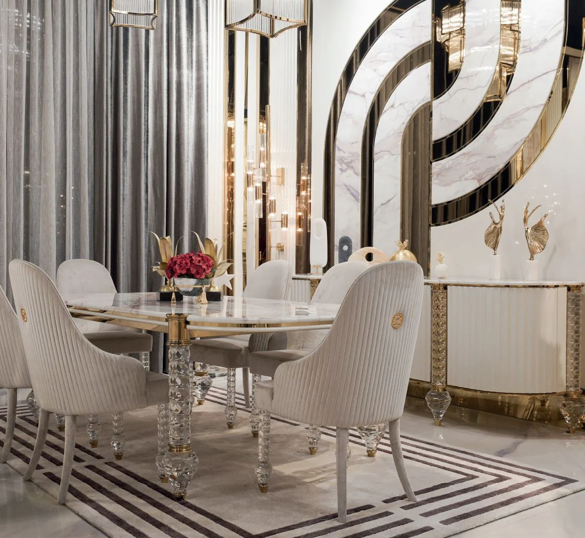 Luxury Art Deco Dining Room Chair Set of 8 Gray / Gold 55 x 60 x H. 100 cm - Dining Room Furniture - Restaurant Furniture - Art Deco Furniture - Luxury Furniture - Luxury Quality