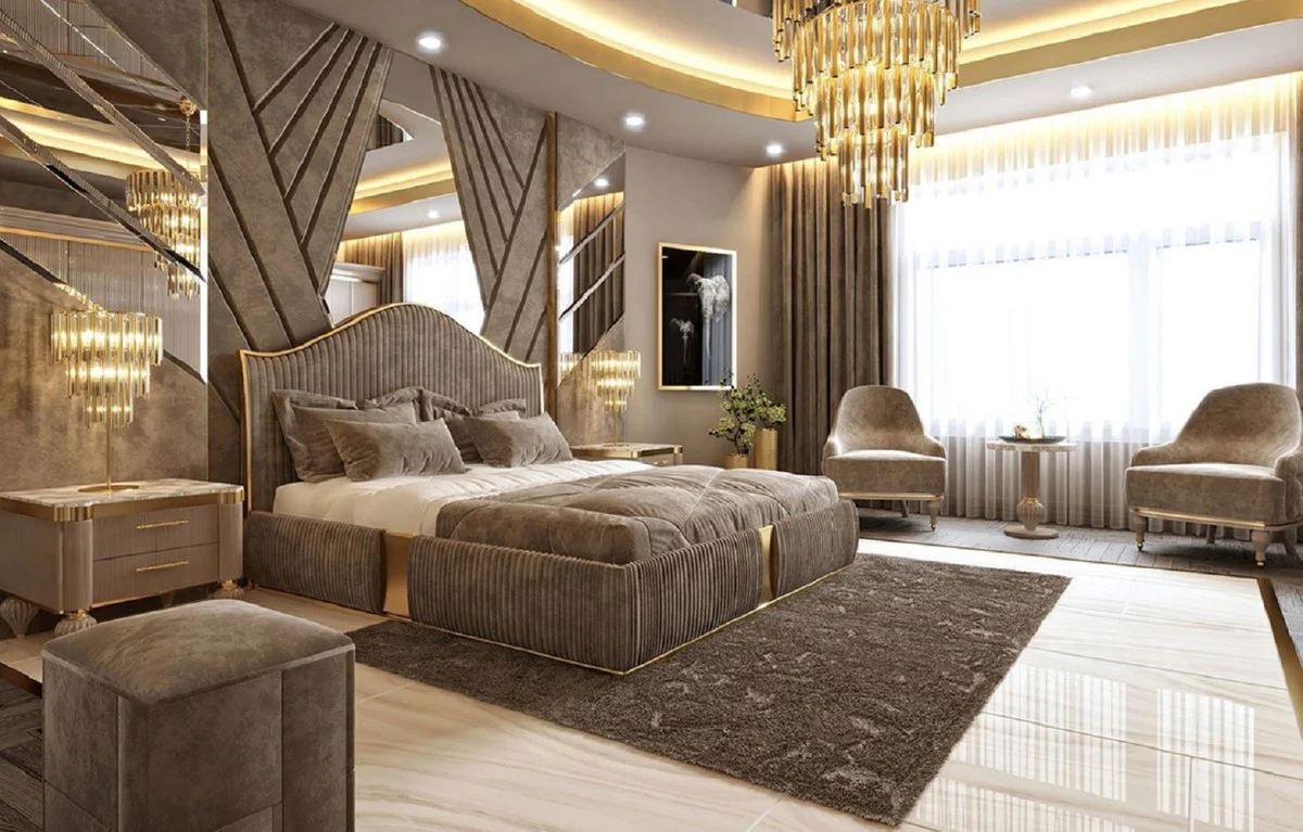 Luxury Art Deco Bedroom Set Gray / White / Gold - 1 Double Bed with Headboard & 2 Nightstands - Art Deco Bedroom & Hotel Furniture - Luxury Collection