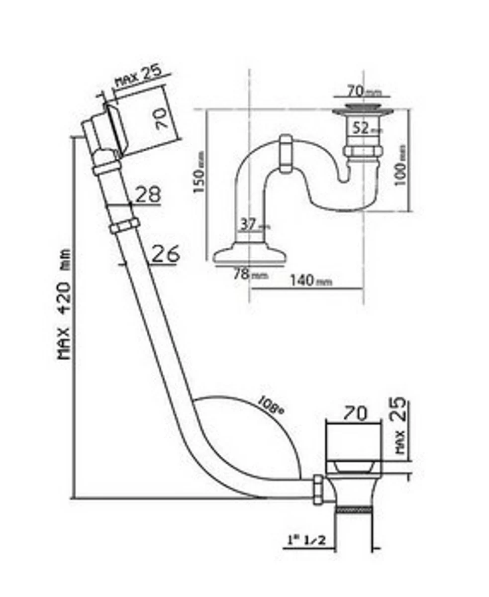 Drain and overflow system including siphon for nostalgic bathtub Sicilia, Toscane, San Sebastian, Roma - chrome