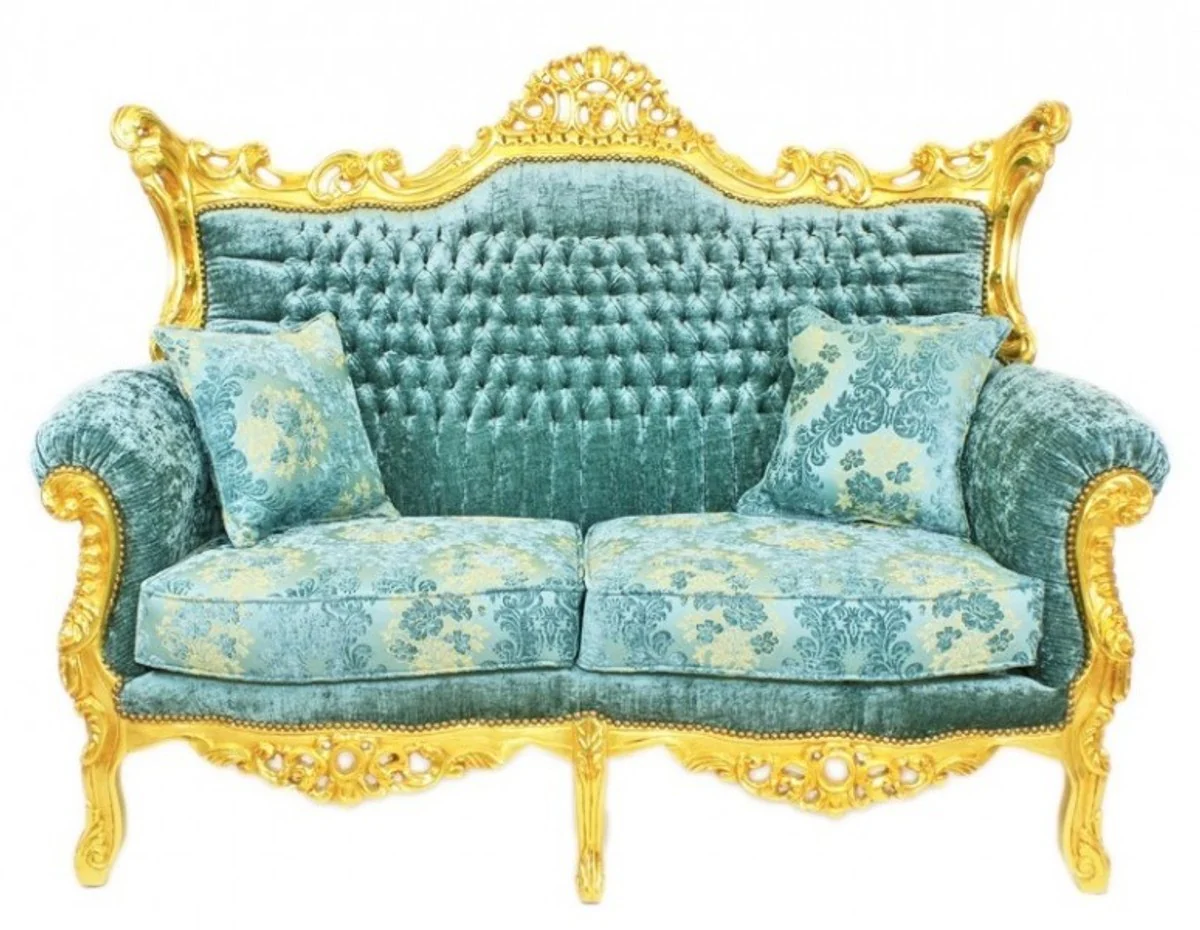 Baroque living room set Master turquoise-blue pattern velvet fabric / gold - 2 sofa + 2 armchairs - Limited Edition!
