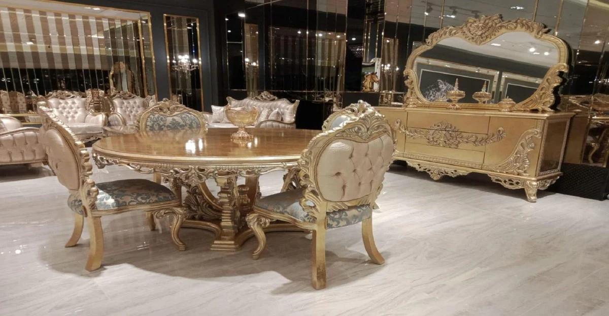 Luxury Baroque Dining Room Set Turquoise / Pink / Gold - 1 Baroque Dining Table & 4 Baroque Dining Chairs - Dining Room Furniture in Baroque Style - Noble & Magnificent