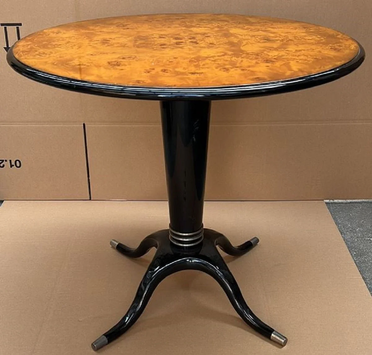 Luxury dining table bird's eye maple brown / black / silver Ø 79 x H. 71 cm - Round solid wood dining room table - Dining room furniture - Luxury furniture