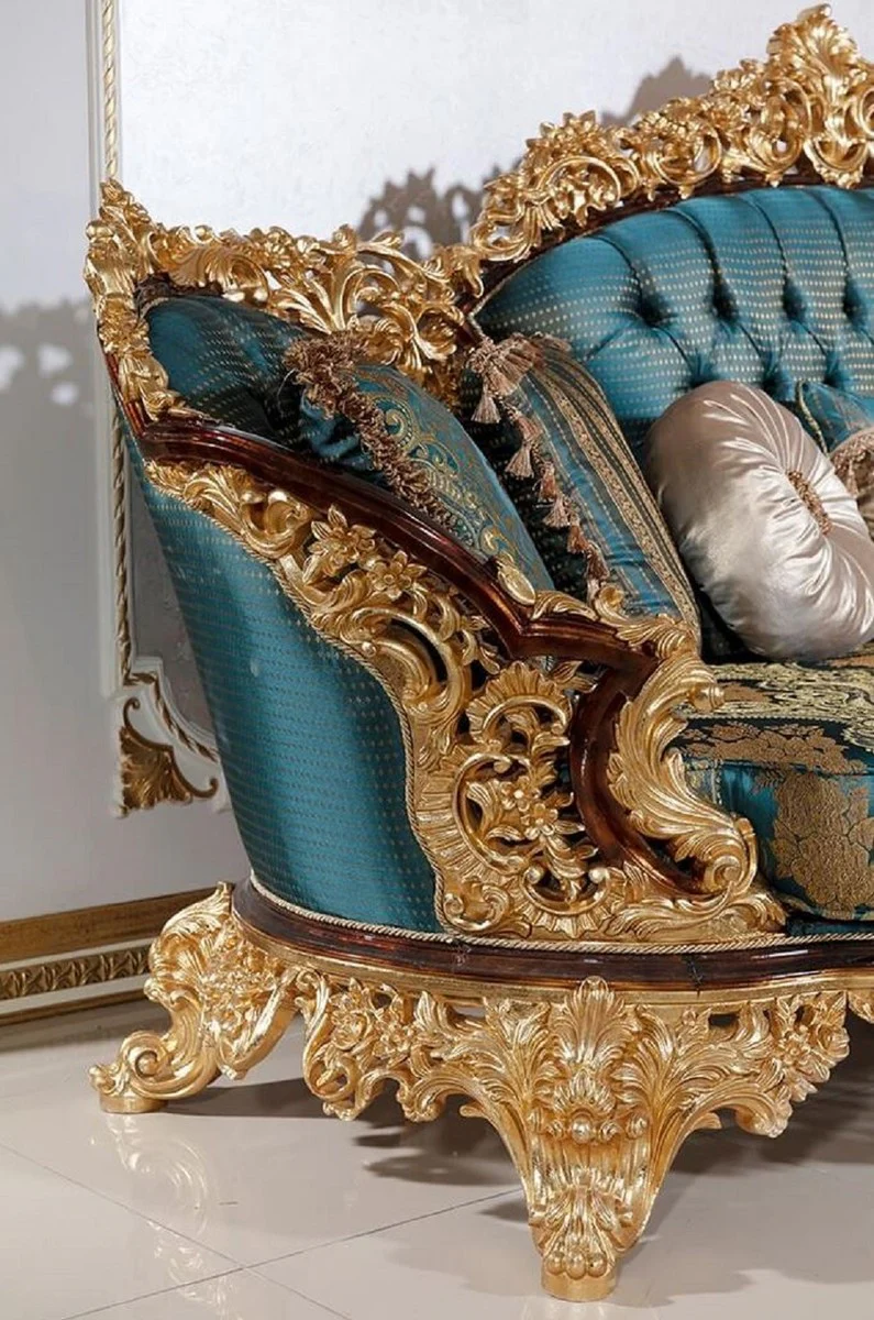 Luxury Baroque Sofa Blue / Beige / Brown / Gold - Magnificent Living Room Sofa with Elegant Pattern - Baroque Living Room Furniture - Noble & Magnificent