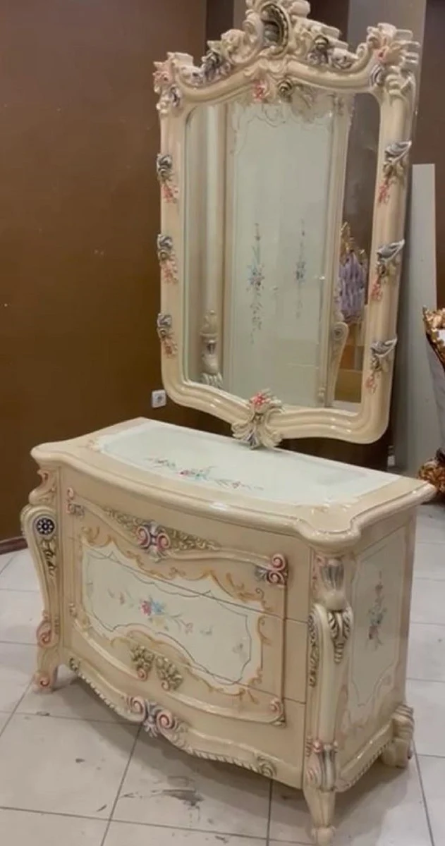Luxury baroque chest of drawers with wall mirror beige / cream / multicolored