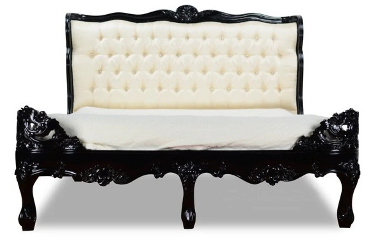 Baroque bed Barocco Splendid black high gloss / cream satin fabric 180 x 200 cm from the luxury collection by Casa Padrino